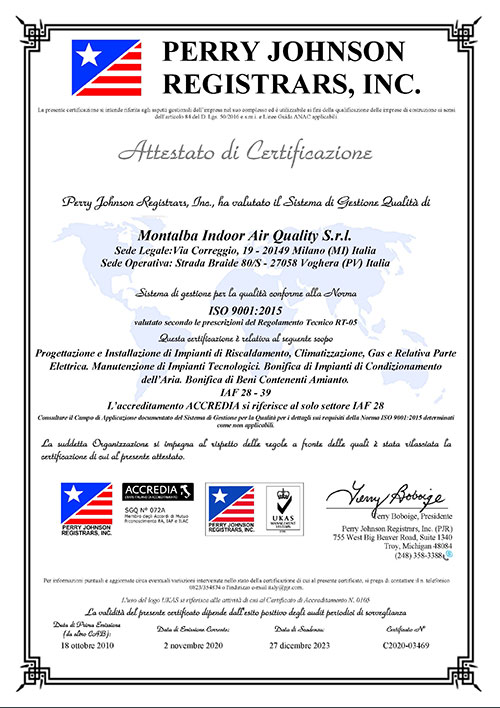 Certificato Montalba Indoor Air ISO 9001